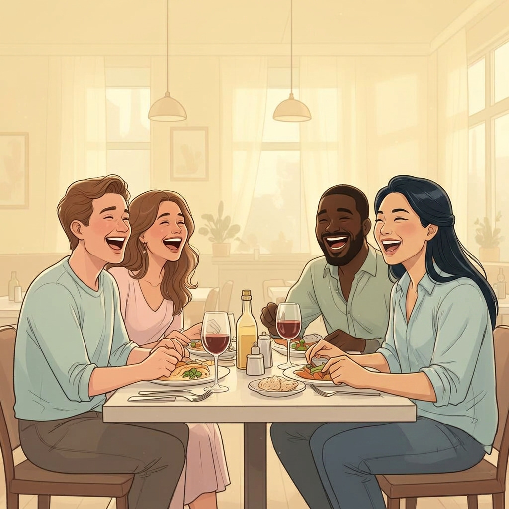 Two couples laughing together over dinner at a cozy restaurant